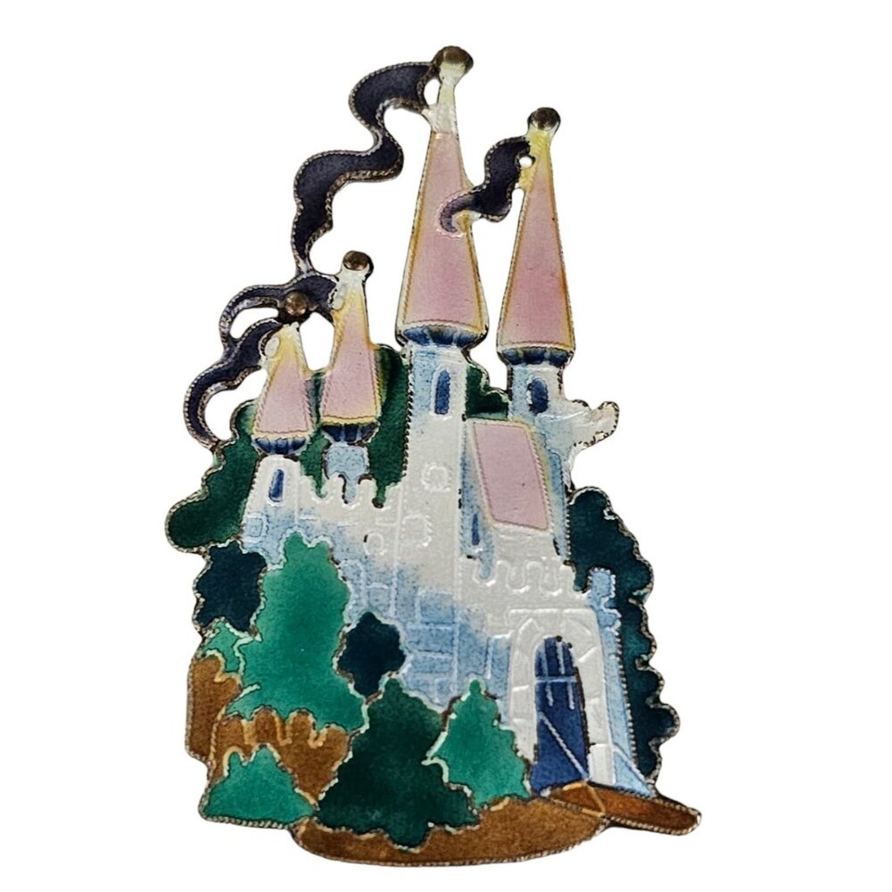 Sterling Silver Zarah Vintage Pink Green Purple Enamel Castle Pin Pendant, L131